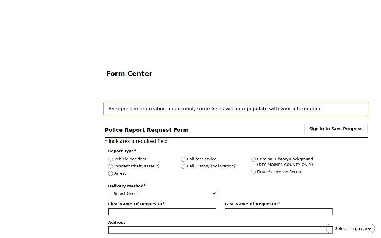 Des Moines County arrest report request form from Burlington Police
