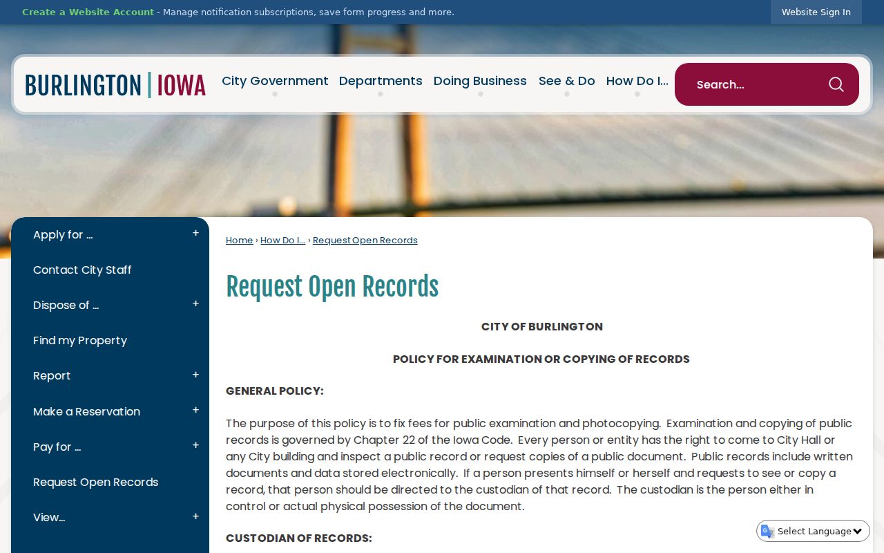 Burlington open records policy and request information