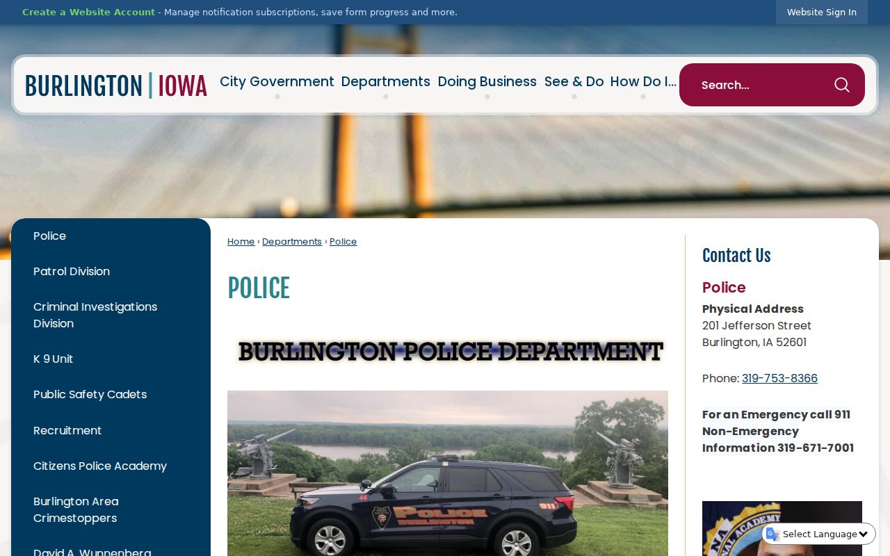 Official Burlington Police page with report and contact information