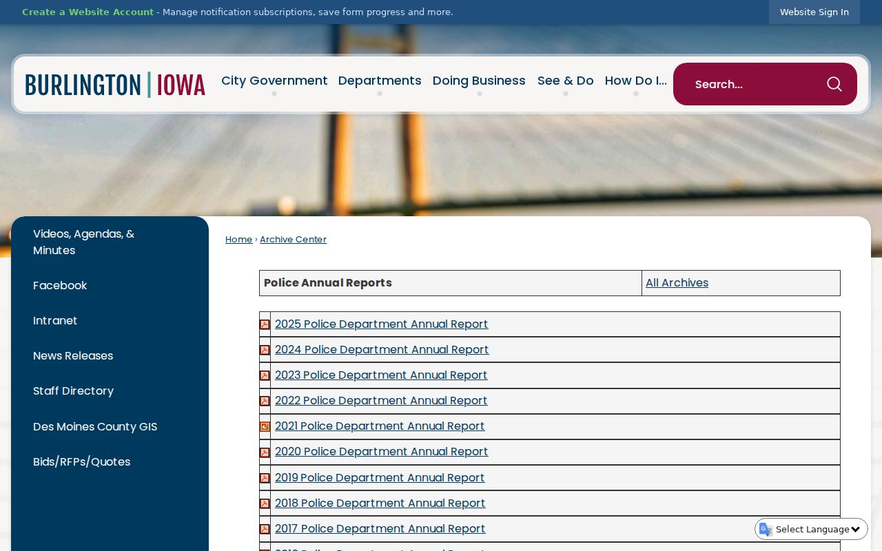 Burlington Police annual report archive with year-by-year records