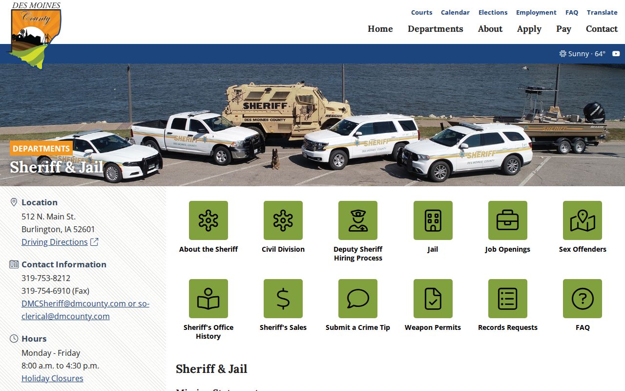 Des Moines County sheriff headquarters criminal records information