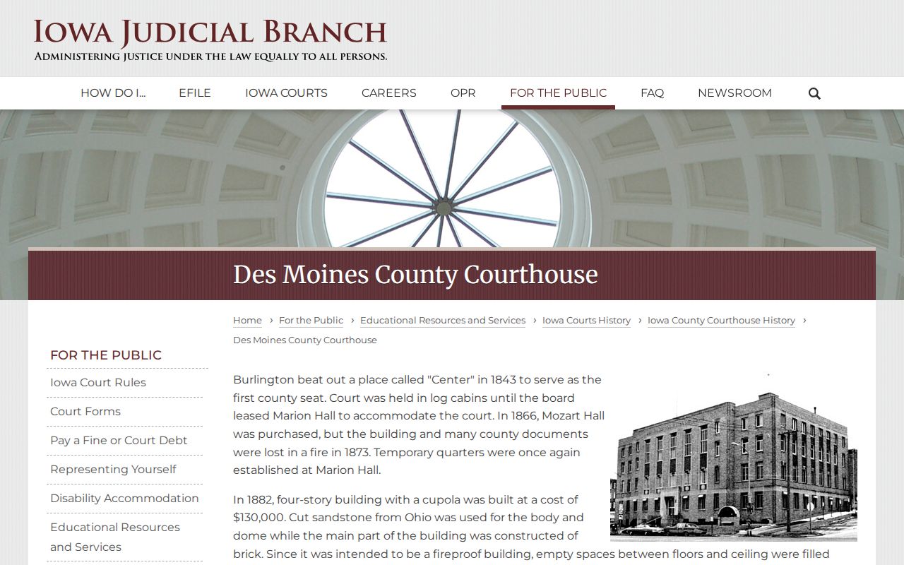 Des Moines County criminal records courthouse history and 1873 fire