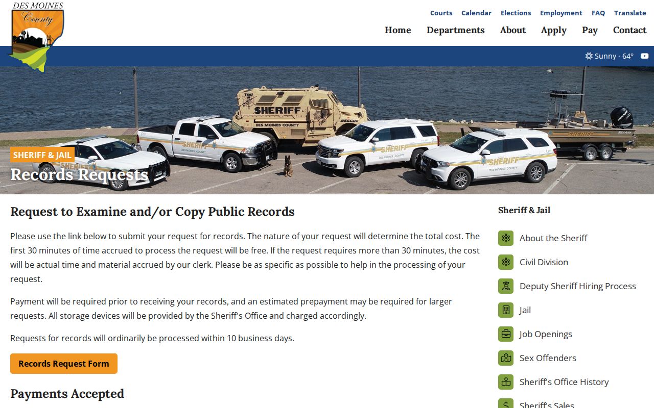 Des Moines County Sheriff records request page used for Mediapolis contract patrol reports