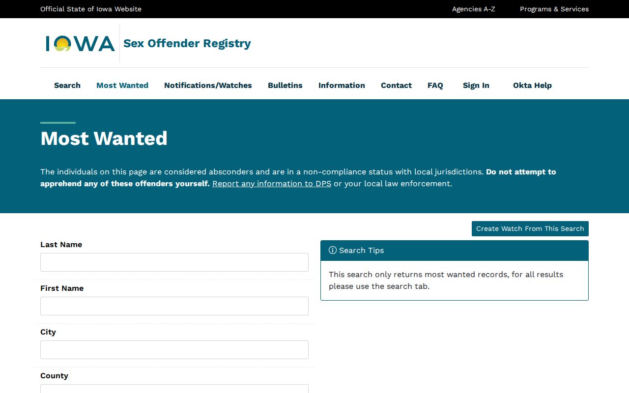 Des Moines County sex offender registry noncompliance warrant search